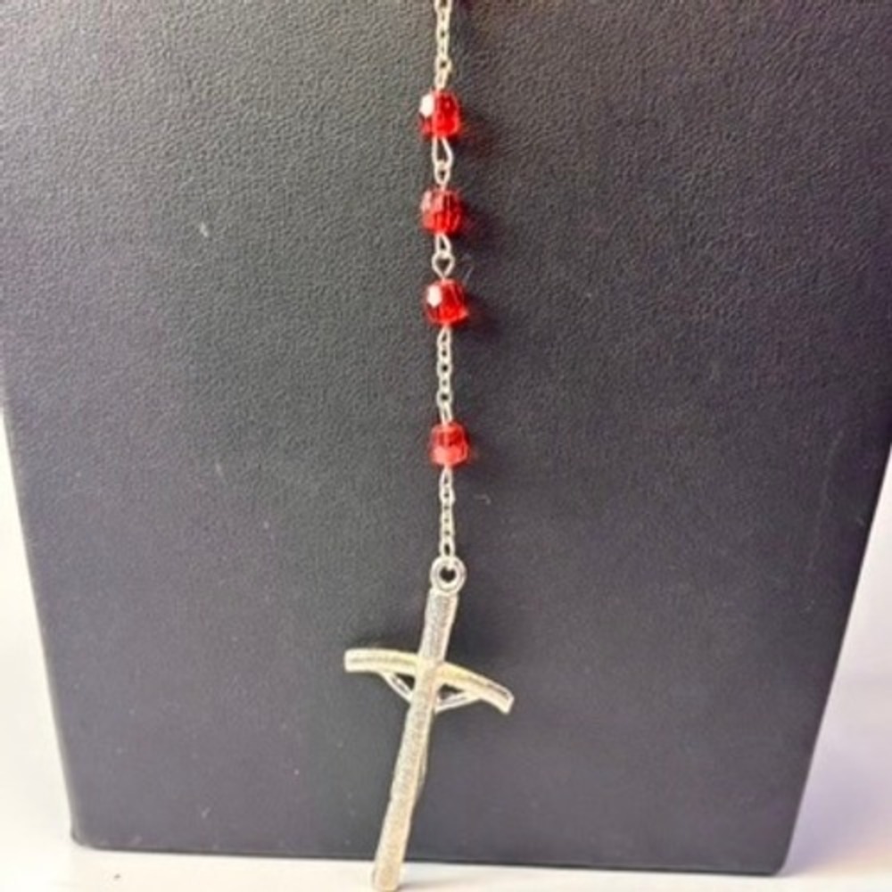 Vintage Rosary Necklace Red Crystal Beads Silver Tone Crucifix Religious Goth - Picture 6 of 7